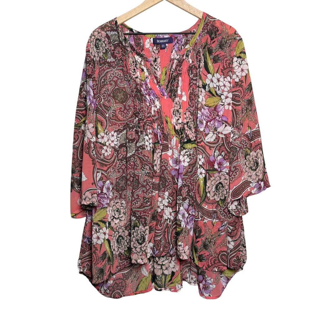 Roaman's Womens Popover Blouse 26W Pink Floral Pleated Sheer 3/4 Sleeve Roll Tab